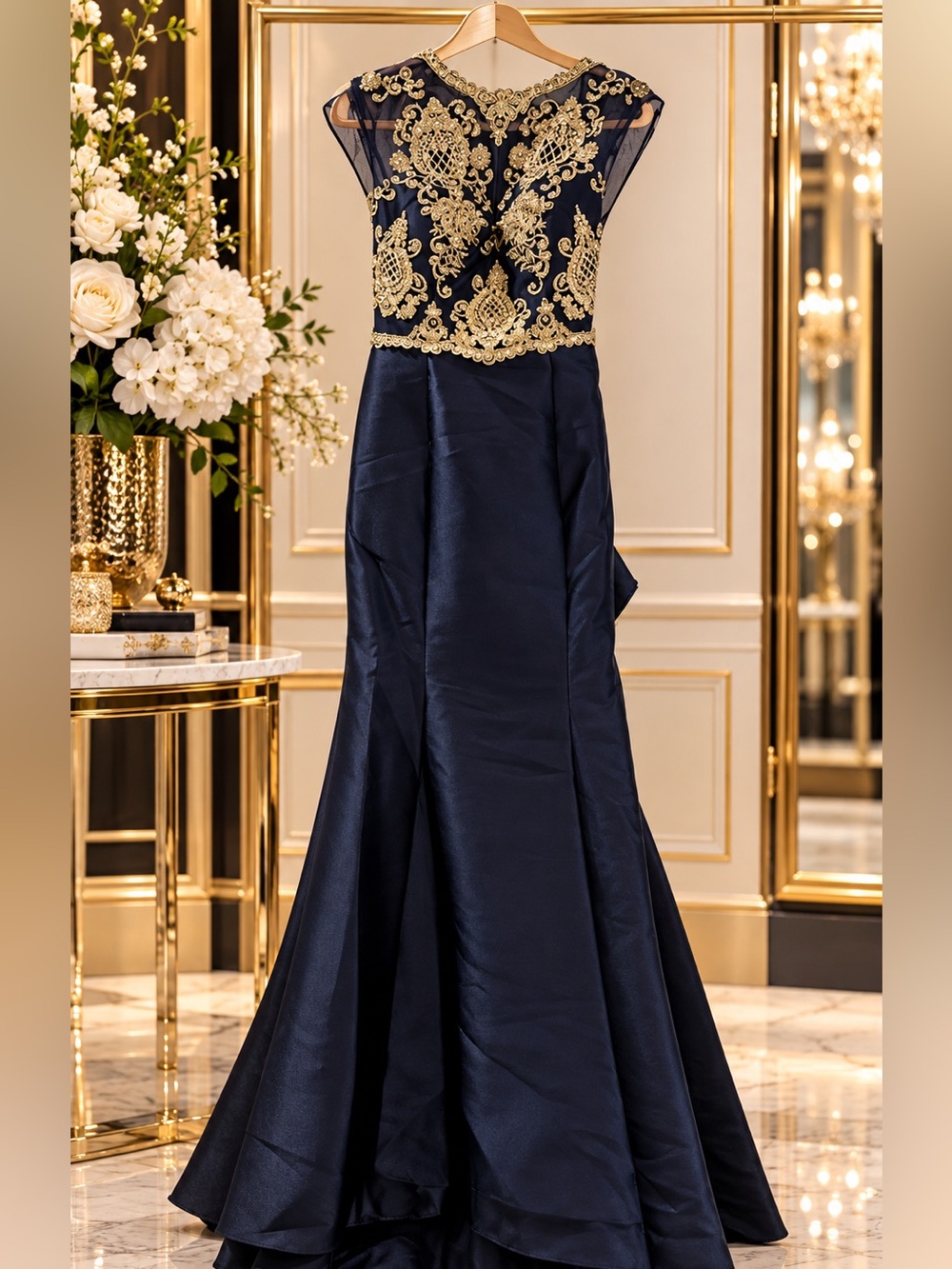 Stella  Couture Navy and Gold Embroidered Evening Gown